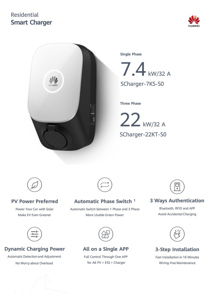 Borne de recharge Huawei 1P 7,4kW, RFID, socket